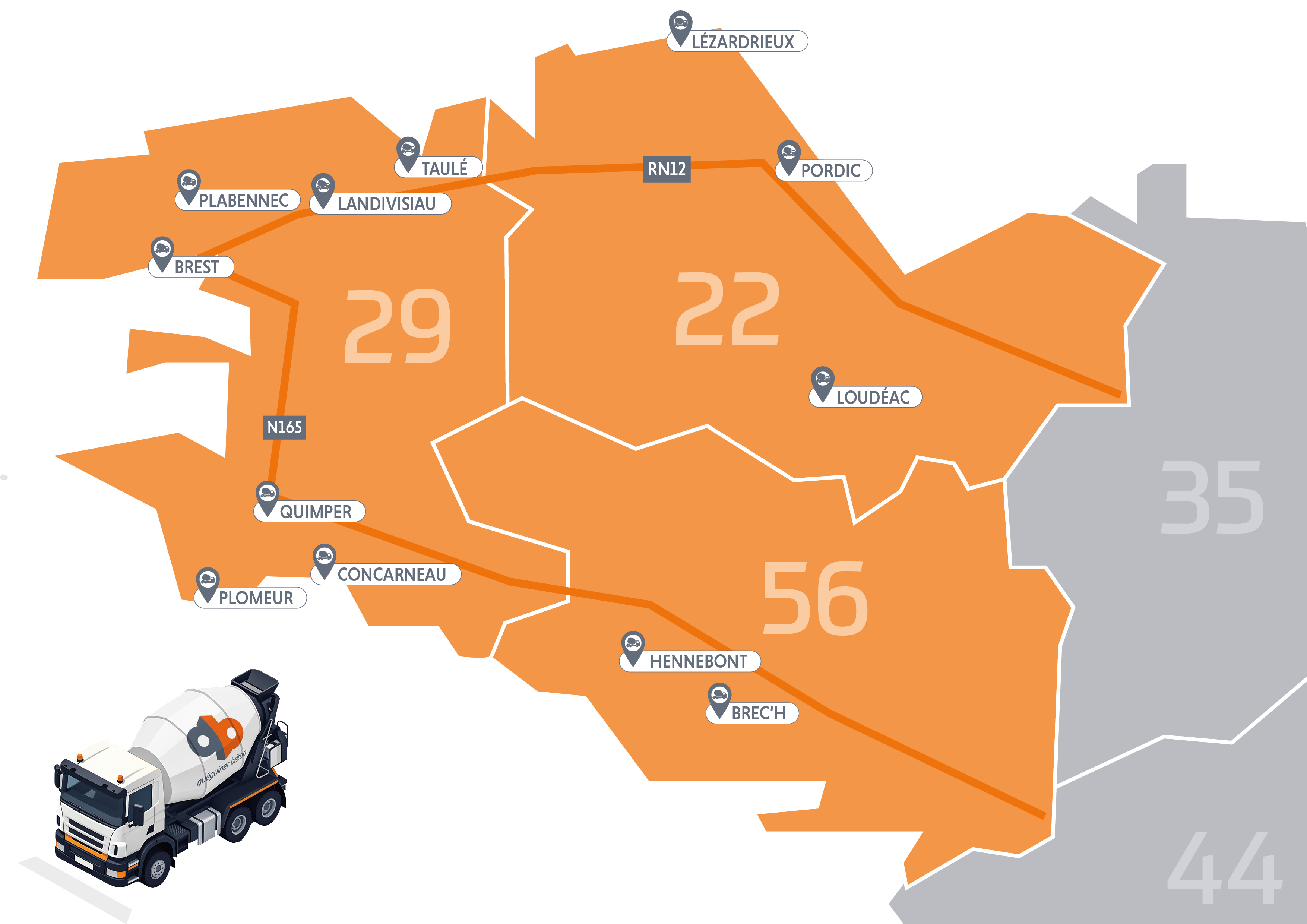 carte des implantation usines Quéguiner béton