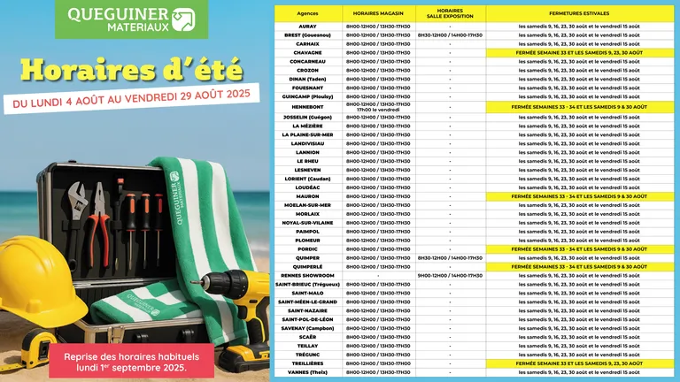 Quéguiner Matériaux : tous nos horaires pour l'été